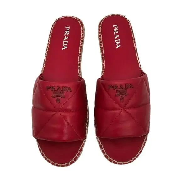 Prada Logo Flat Slide Espadrille Sandal Quilted Red Leather Size 41 US 11 - Picture 3 of 10
